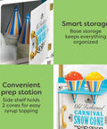 Vintage Cart Shaved Ice Machine Slushie Maker With Stainless Blades showcases organized storage and a prep station with cones.