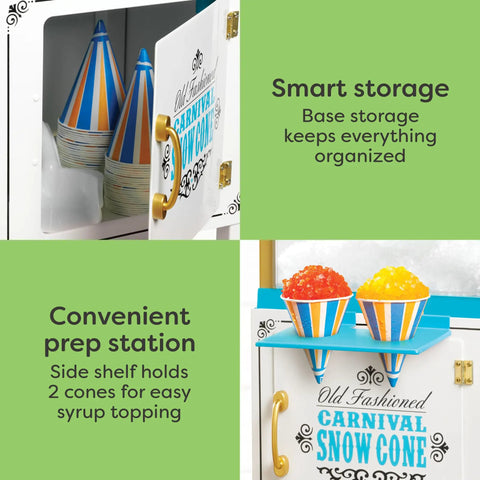 Vintage Cart Shaved Ice Machine Slushie Maker With Stainless Blades showcases organized storage and a prep station with cones.