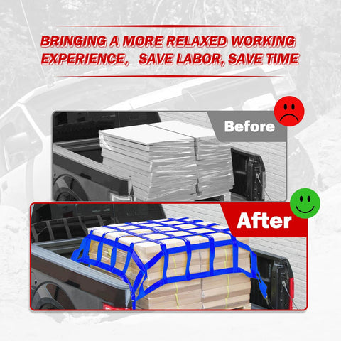 Comparison of truck bed with and without Heavy Duty Cargo Lifting Net 1212 Lbs 4.92x4.92 Ft With 10x10 Cm Mesh Polyester Hoist Net