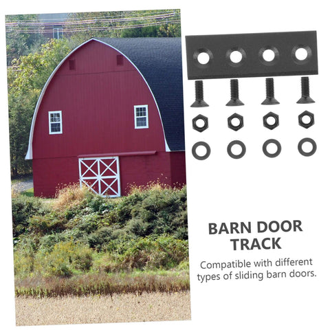 Sliding Barn Door Hardware Kit With Seamless Track Connector Mending Plates for Easy Install shown with red barn image