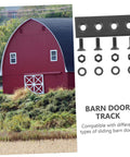 Black Barn Door Track Connector Kit No Fuss Easy Install For Sliding Doors Durable Hardware Set Sleek Modern Finish Hidden Mounting Great For Home Studio Or Office Use with mounting hardware shown next to red barn exterior.