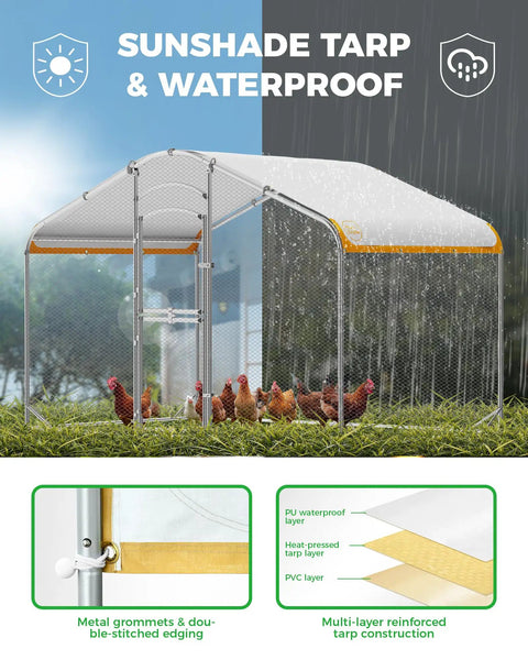 Walk In Metal Chicken Coop With Run For Yard, Weatherproof Spire Roof Cage, Waterproof UV Cover, Heavy Duty Outdoor Poultry Pen