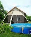 10x10 Screen Tent With Removable Floor For Backyard Parties set up in a garden near an inflatable pool.