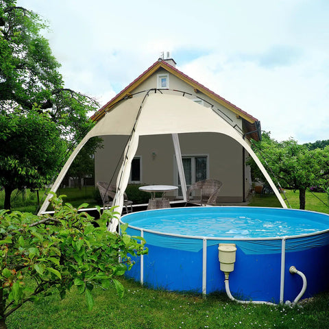 10x10 Screen Tent With Removable Floor For Backyard Parties set up in a garden near an inflatable pool.
