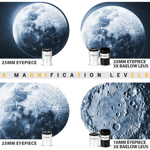 Moon magnification levels using 90mm Aperture Refractor Telescope for Beginners with 600mm focal length portable kit.