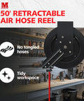 50 Foot Auto Rewind Retractable Air Hose Reel With Three Eighths Inch Rubber Hose 250 PSI Heavy Duty Steel Spring Multi Position Ratchet And Solid Brass Fittings For Garage And Workshop mounted on garage wall