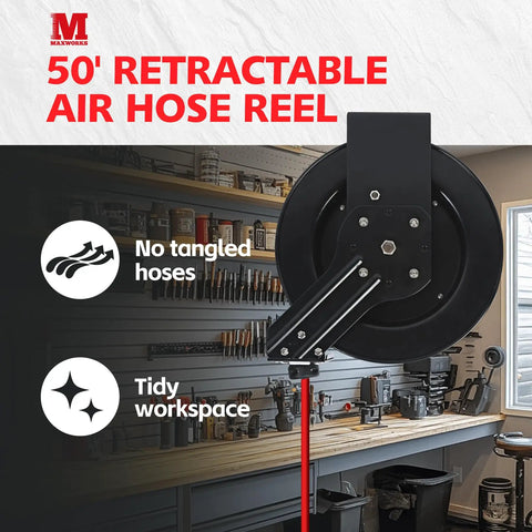 50 Foot Auto Rewind Retractable Air Hose Reel With Three Eighths Inch Rubber Hose 250 PSI Heavy Duty Steel Spring Multi Position Ratchet And Solid Brass Fittings For Garage And Workshop mounted on garage wall