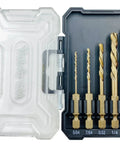 5-Piece M35 Cobalt HSS Left Hand Drill Bit Set With 1/4 Inch Hex Shank For Screw Extractors In SAE Sizes in storage case