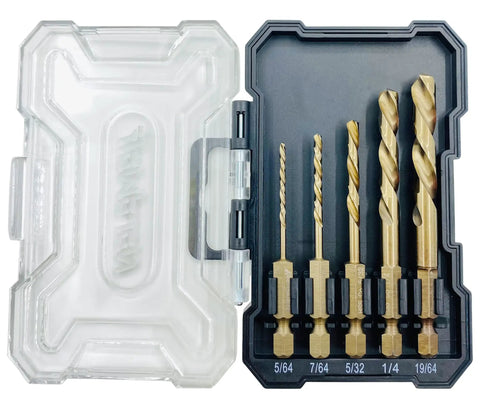 5-Piece M35 Cobalt HSS Left Hand Drill Bit Set With 1/4 Inch Hex Shank For Screw Extractors In SAE Sizes in storage case