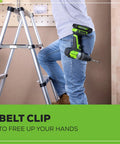 Cordless Hammer Drill With Brushless 24V Power One Half Inch Capacity 530 Inch Pounds Torque secured on worker's belt clip