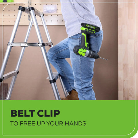Cordless Hammer Drill With Brushless 24V Power One Half Inch Capacity 530 Inch Pounds Torque secured on worker's belt clip