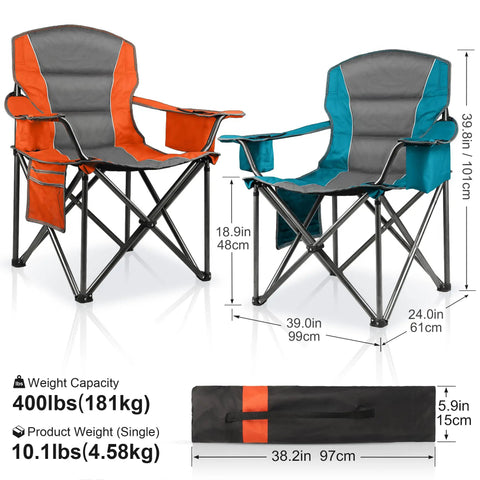 Two Pack Padded Oversized Camping Chairs For Adults With Cup Holder Cooler Bag And Side Pocket Folding Portable Lawn Chairs For Outdoor Picnics And Hiking Built Tough Heavy Duty Support Up To 400 Lbs Orange And Blue