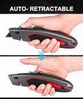 Heavy Duty Box Cutter Retractable Knife With 2 In 1 Cutting Modes, Auto Retracting Safety Knife And 3 Position Lock, Zinc Alloy Build, Blade Storage, Includes 3 SK4 Blades For Tough Jobs, shown auto-retracting in hand