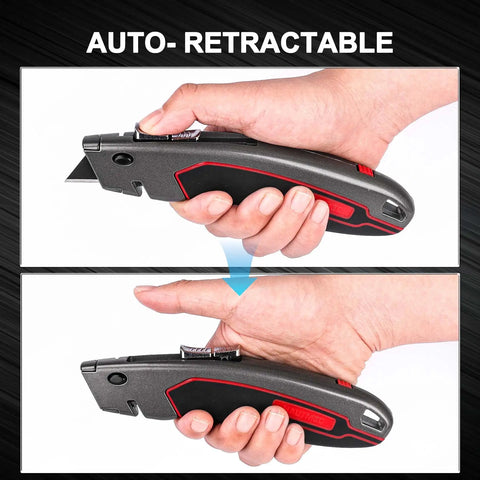 Heavy Duty Box Cutter Retractable Knife With 2 In 1 Cutting Modes, Auto Retracting Safety Knife And 3 Position Lock, Zinc Alloy Build, Blade Storage, Includes 3 SK4 Blades For Tough Jobs, shown auto-retracting in hand
