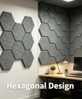 12 Pack Hexagon Acoustic Foam Panels Self Adhesive Sound Dampening Tiles High Density Wall Art in a modern studio.