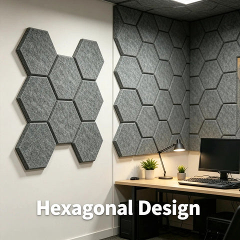 12 Pack Hexagon Acoustic Foam Panels Self Adhesive Sound Dampening Tiles High Density Wall Art in a modern studio.
