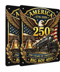 4014 Steam Locomotive 250th Anniversary Two Pack Tin Signs featuring eagle, American flag, and Big Boy 4014 locomotive design