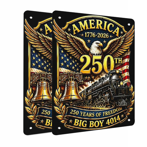 4014 Steam Locomotive 250th Anniversary Two Pack Tin Signs featuring eagle, American flag, and Big Boy 4014 locomotive design