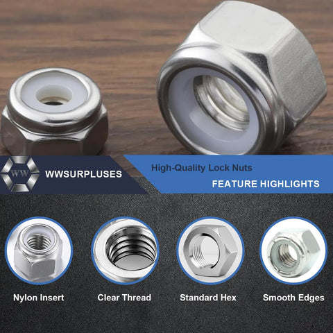 Close-up of 130-Piece SAE Lock Nut Set Stainless Steel 304 A2-70 with nylon insert and smooth edges for DIY projects.