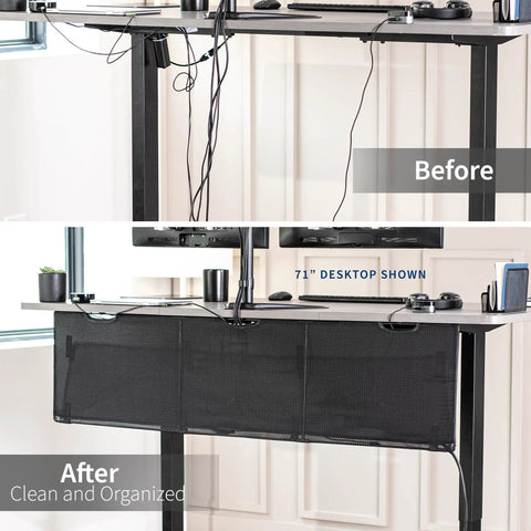 Before and after view using 60-Inch Under Desk Privacy Panel With Cable Management Sleeve And Wire Hider Kit Black Desk Skirt System Desk-Skirt-60 For A Clean Chill Workspace And Focused Workday.