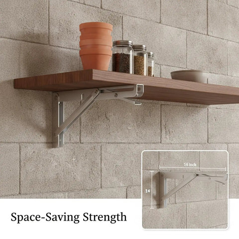 Foldable Shelf Brackets for Wall Mount, Stainless Steel, holding wooden shelf with jars and bowls against brick wall