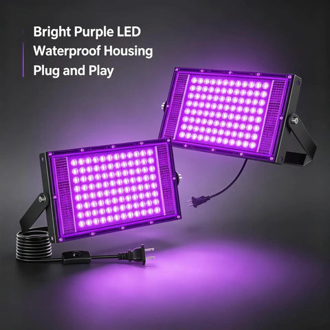 2 Pack 100W Black Light Flood Light Blacklight for Glow Party with bright purple LEDs and waterproof housing.