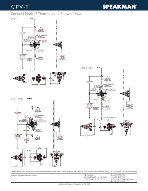 Technical diagram of Thermostatic Shower Valve CPV T In Rough Brass, installation, and connection details with safety features.