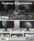 Dual Monitor Stand With Smartphone Holder For Your Setup Adjustable Length From 31 Point 5 To 42 Point 5 Inches Swivel Angle Ergonomic Wooden Desk Organizer For PC Monitor Laptop And Printer White, showing before and after desk organization.