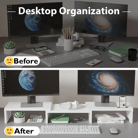 Dual Monitor Stand With Smartphone Holder For Your Setup Adjustable Length From 31 Point 5 To 42 Point 5 Inches Swivel Angle Ergonomic Wooden Desk Organizer For PC Monitor Laptop And Printer White, showing before and after desk organization.