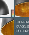 Close-up of 14-Inch Modern Industrial Flush Mount Ceiling Light In Black Finish With Crackled Gold Interior, Dome Shade Detail