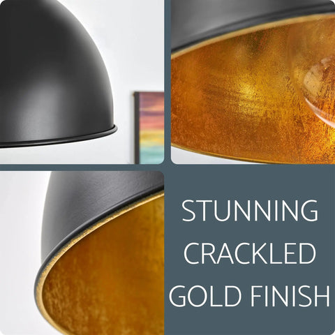 Close-up of 14-Inch Modern Industrial Flush Mount Ceiling Light In Black Finish With Crackled Gold Interior, Dome Shade Detail