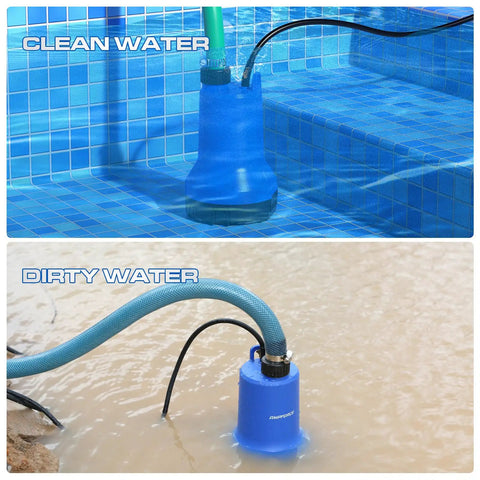 20V Cordless Submersible Water Transfer Pump in action with clean pool water and dirty flood water, showcasing versatility.