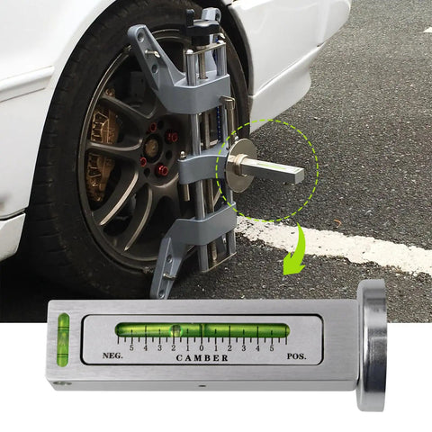 Two Pack Universal Magnetic Wheel Alignment Tool And Pro Grade Camber Gauge For 11 To 25 Inch Rims measuring camber on a tire.