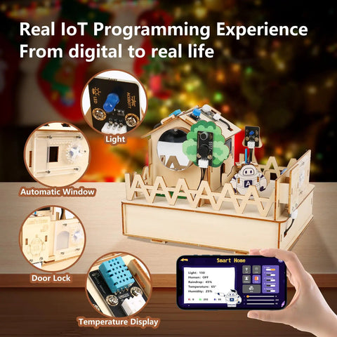 Dope IoT Smart Home Coding Kit For Teens And Adults, Arduino And Scratch Compatible STEM Toy Set With House Building, Sensors, App Control, And 16 Interactive Automation Projects For Real World Learning, wooden smart home model with app control