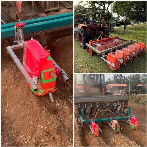 12-Nozzles Tractor Mounted Seeder Planter Farm-Ready With 8 Seed Wheels And Precision Garden Roller Seeding Adjustable Spacing And Depth Sowing Tool in use on a farm