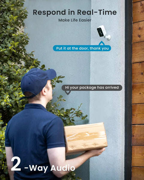 Delivery person interacting via No Wires Battery Powered Wireless Outdoor Security Camera With 2K 3MP HD Video Built In Spotlight And Siren 2 Way Audio.