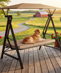 Three Seater Outdoor Swing With Canopy And Stand Heavy Duty 600 lb Capacity All Weather adjustable canopy swing on deck with dog