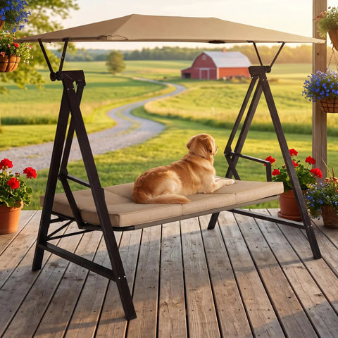 Three Seater Outdoor Swing With Canopy And Stand Heavy Duty 600 lb Capacity All Weather adjustable canopy swing on deck with dog