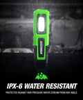 Workhorse 7 Inch Dual Mode LED Work Light with Magnetic Base, green, shown standing vertically in water-resistant demonstration