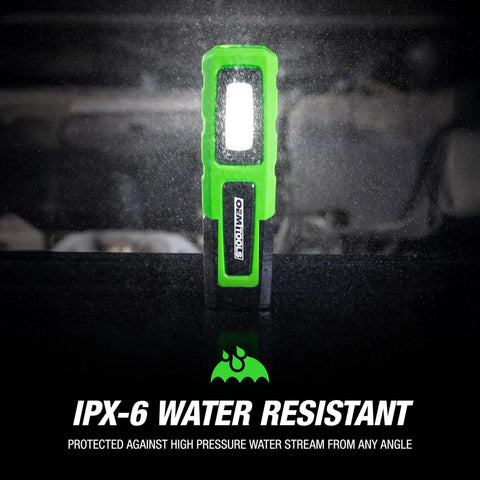 Workhorse 7 Inch Dual Mode LED Work Light with Magnetic Base, green, shown standing vertically in water-resistant demonstration