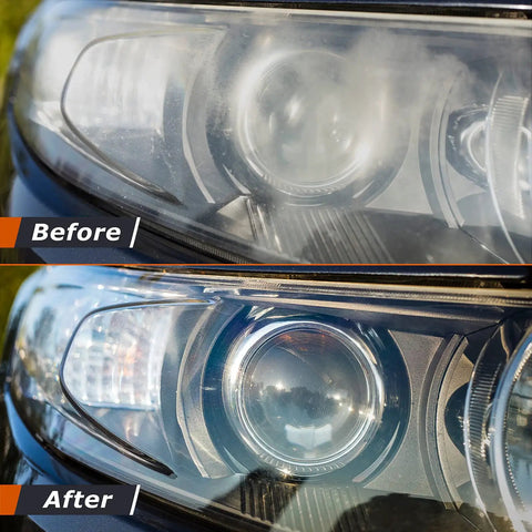 Before and after car headlight polished with 10 Inch Buffer Polisher Kit With 4 Buffing Bonnets And 6 Speed Settings 1500 To 3600 RPM