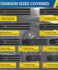 10 Piece Wheel Lock Removal Kit showing CrMo steel sockets with common sizes for aftermarket wheels on Jeep Ford Toyota Honda
