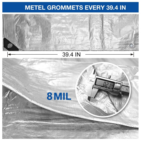 Heavy Duty Waterproof Tarp 10 By 13 Feet, 8 Mil Thick Multipurpose Poly Tarp Cover in Silver with grommets and thickness detail