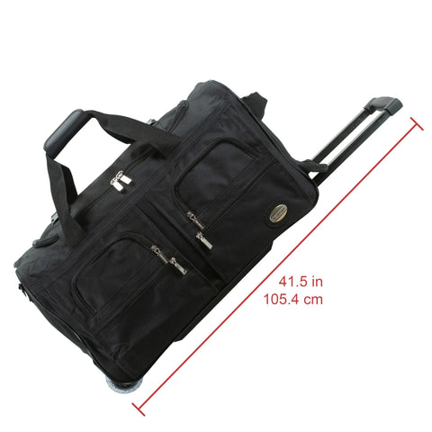 Rockland rolling duffel bag, black, 22-inch luggage with wheels and retractable handle.