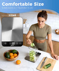 33 Lb Digital Kitchen Scale With 1 Gram Accuracy, USB Rechargeable, Stainless Steel Platform on counter with cucumber slices