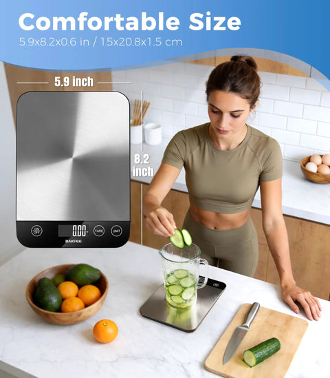 33 Lb Digital Kitchen Scale With 1 Gram Accuracy, USB Rechargeable, Stainless Steel Platform on counter with cucumber slices