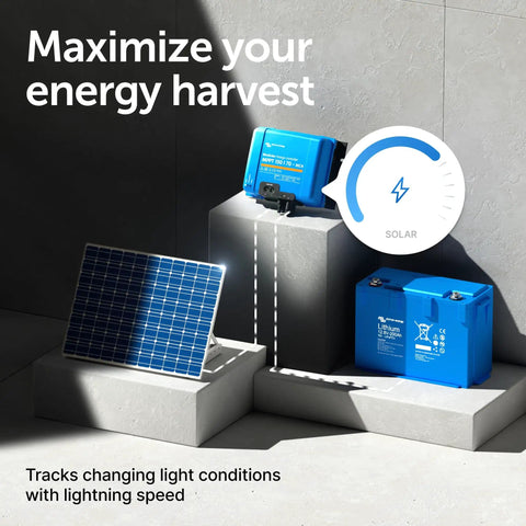 Power Up Your Solar Setup With A 150V 70A MPPT MC4 Compatible Solar Charge Controller For 12 To 48V Systems displayed with solar panel and battery