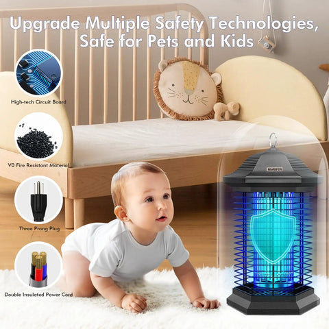 Baby in a nursery with Bug Zapper Outdoor Indoor 18W Power 4400V Grid Mosquito Trap, highlighting safety features.