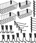 Heavy-Duty Slatwall Baskets and Hooks Kit for Standard Slatwall Panels, A Must-Have for Garage and Workshop Organization, 32-Piece Set With 4 Baskets and 28 Hooks, Fits Most Slatwall Systems shown in full display