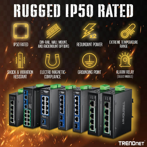 Workhorse Industrial Seven Port Gigabit PoE Plus DIN Rail Switch With 120W PoE Budget, rugged IP50 rating, shock resistant features